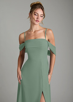 Azazie Mercedes Bridesmaid Dresses Silver Sage A-Line Off the Shoulder Chiffon Dress image3
