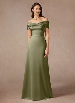 Azazie Amelia Mother of the Bride Dresses Pistachio A-Line Off the Shoulder Stretch Satin Dress image1