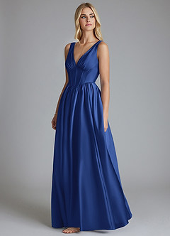 Azazie Delmie Abiti da Damigella Abito A-Line in Raso Elasticizzato Corsetto Blu Reale image4