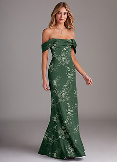 Azazie Saige Bridesmaid Dresses Eucalyptus Garden Floral Sheath Off the Shoulder Stretch Satin Dress image6