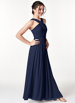 Azazie Jiya Junior Dark Navy A-Line Pleated Mesh Dress image3