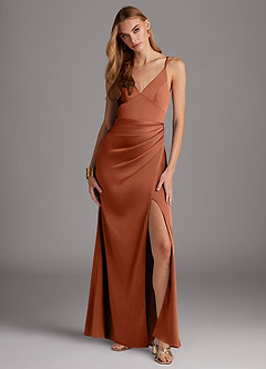 Azazie Shania Bridesmaid Dresses Cedar Rose Sheath V-Neck Pleated Stretch Satin Dress image1