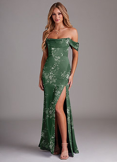 Azazie Saige Bridesmaid Dresses Eucalyptus Garden Floral Sheath Off the Shoulder Stretch Satin Dress image1