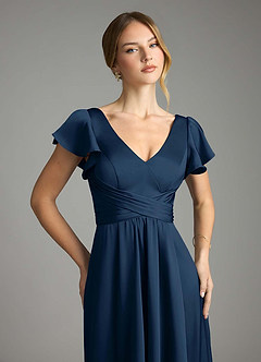 Azazie Omari Bridesmaid Dresses Dark Navy A-Line Stretch Satin Dress image6