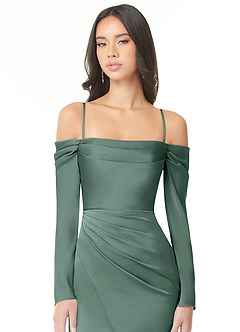 Azazie Hallie Bridesmaid Dresses Eucalyptus Sheath Off-The-Shoulder Long Sleeve Stretch Satin Convertible Dress image2