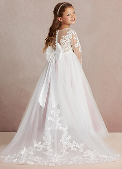 Azazie Elodie Flower Girl Dresses Ivory Dusty Rose Ball-Gown Lace Dress image1