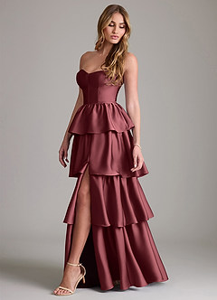 Azazie Faye Bridesmaid Dresses Merlot A-Line Ruched Stretch Satin Dress image3