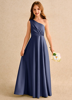 Azazie Puddles Girls Formal Jurken voor bloemenmeisjes A-Lijn Jurk van Mat Satijn One-Shoulder Stormachtig image1