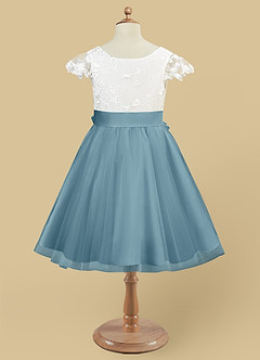 Azazie Vetty Flower Girl Dresses Ivory Moody Blue A-Line Lace Tulle Dress image9