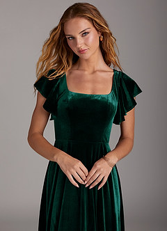 Azazie Bondi Bridesmaid Dresses Emerald A-Line Side Slit Velvet Dress image3