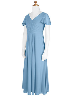 Azazie Peony Junior Robe Trapèze en Mousseline de soie Plissée Acier Bleuté image8