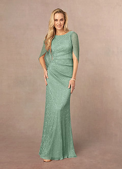Azazie Paige Mother of the Bride Dresses Aquamarine Sheath Pleated Cape Metallic Mesh Dress image1