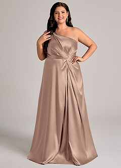 Azazie Brooke Bridesmaid Dresses Taupe A-Line One Shoulder Metallic Satin Dress image3