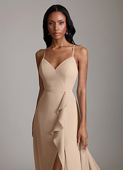 Azazie Naeem Bridesmaid Dresses Taupe A-Line V-Neck Ruffle Chiffon Dress image6