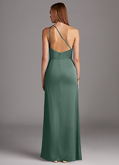 Azazie Mika Bridesmaid Dresses Eucalyptus Sheath One Shoulder Stretch Satin Dress image2