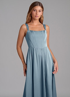 Azazie Rosaline Bridesmaid Dresses Dusty Blue A-Line Side Slit Stretch Satin Dress image6