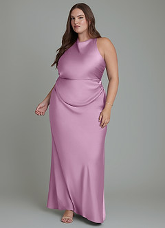 Azazie Evadne Bridesmaid Dresses Wisteria Sheath Pleated Stretch Satin Dress image12