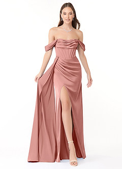 Azazie Amyra Bridesmaid Dresses Rosette Sheath Off the Shoulder Stretch Satin Convertible Dress image1