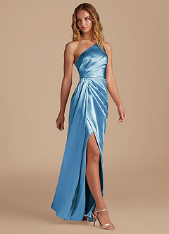 Azazie Mika Bridesmaid Dresses Steel Blue Sheath One Shoulder Metallic Satin Dress image4