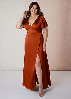 Azazie Lani Bridesmaid Dresses Paprika A-Line Flounce Sleeve Stretch Satin Dress image7