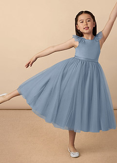 Azazie Dolly Dusty Blue A-Line Bow Tulle Dress | Azazie