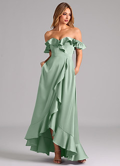 Azazie Lyra Bridesmaid Dresses Agave A-Line Off the Shoulder Stretch Satin Convertible Dress image3