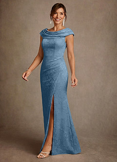 Azazie Irvine Mother of the Bride Dresses Steel Blue A-Line Pleated Floral Burnout Dress image1