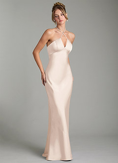Azazie Camille Robes de demoiselle d'honneur Robe Fourreau en Satin extensible Fente latérale Albâtre Blanc image3