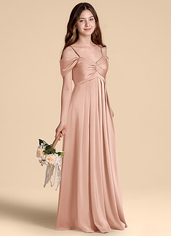 Azazie Kaitlynn Junior Robe Trapèze en Satin extensible Épaule décolletée Or Rose image5