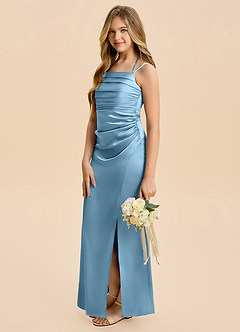 Azazie Nova Junior Steel Blue A-Line Pleated Stretch Satin Dress image4