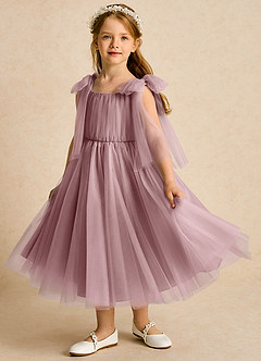 Azazie Dori Robe Demoiselle D'honneur Fillette Robe Trapèze en Tulle Rayé Rose Poussiéreuse image5