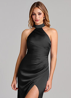 Azazie Karlotta 신부 들러리 드레스 쉬스 주름진 스트레치 새틴 바닥 길이 드레스 image6