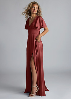 Azazie Kimber Robes de demoiselle d'honneur Robe Trapèze en Satin extensible Drapé Terracotta image6