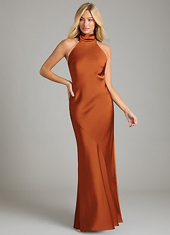 Azazie Velli Bridesmaid Dresses Cinnamon Mermaid High Neck Stretch Satin Dress image3