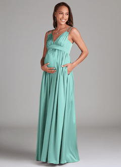 Azazie Emree Maternity Bridesmaid Dresses A-Line Stretch Satin Floor-Length Dress with Pockets image3
