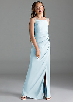 Azazie Leonis Junior Robe Trapèze en Satin extensible Plissée Bleu Ciel image3