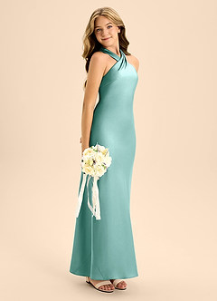 Azazie Doretta Junior Aqua A-Line Pleated Stretch Satin Dress image7