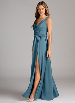 Azazie Tanicia 신부 들러리 드레스 A라인 주름진 스트레치 새틴 바닥 길이 드레스 image5