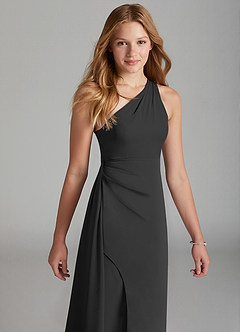 Azazie Maron Junior Black A-Line Pleated Stretch Satin Dress image3