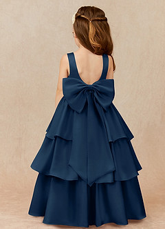 Azazie Margie Flower Girl Dresses Dark Navy A-Line Bow Stretch Satin Dress image1
