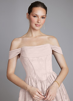 Azazie Raisa Bridesmaid Dresses Blushing Pink A-Line Off the Shoulder Floral Burnout Dress image4