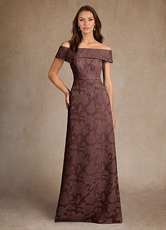 Azazie Medford Final Sale Espresso A-Line Off the Shoulder Floral Burnout Dress image1