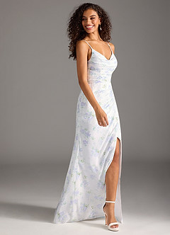 Azazie Deandra Bridesmaid Dresses Blue Vintage Floral Mermaid Pleated Chiffon Dress image4
