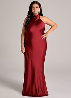 Azazie Velli Brautjungfernkleider Meerjungfrau-Linie Hoher Kragen Stretch-Satin Kleid Scharlachrot image2