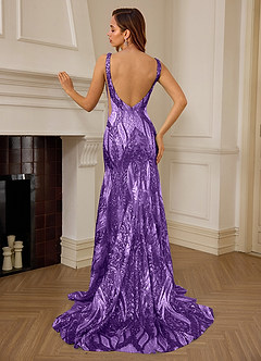 Jade Purple Sequin Satin Side Split Deep V-neck Mermaid Marine Prom Dress image2