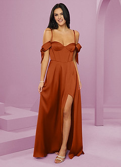 Barbie ♥ Azazie Bridesmaid Dresses Burnt Orange A-Line Off the Shoulder Stretch Satin Dress image13