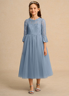 Azazie Lamb Girl Jurken voor bloemenmeisjes Baljurk Jurk van Kant Stoffig Blauw image4