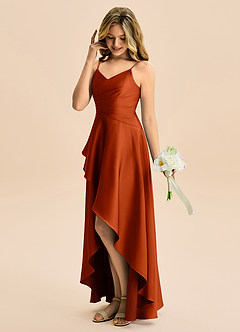 Azazie Eirlys Junior Paprika A-Line Pleated Stretch Satin Dress image3