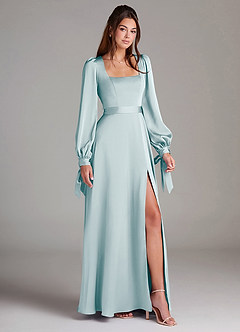 Azazie Leonia Bridesmaid Dresses Sea Glass A-Line Long Sleeve Stretch Satin Dress image3