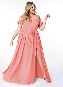 Azazie Lianne Bridesmaid Dresses Coral A-Line Off the Shoulder Chiffon Dress image10